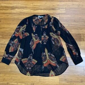 Daniel Rainn Blouse Women Small Black Sheer Paisley Print Long Sleeve Button Top